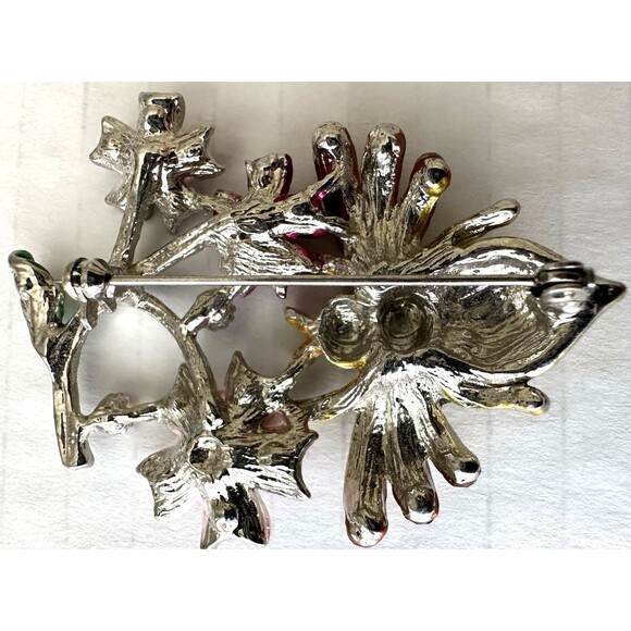 Crystal Rhinestone Flower Bee Brooch Pin Yellow Pink Silver-Tone 1-5/8” x 2-1/8” - Picture 4 of 9